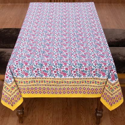 Indian Handmade Block Printed Cotton pink and yellow Rectangle Tablecloth - My Store