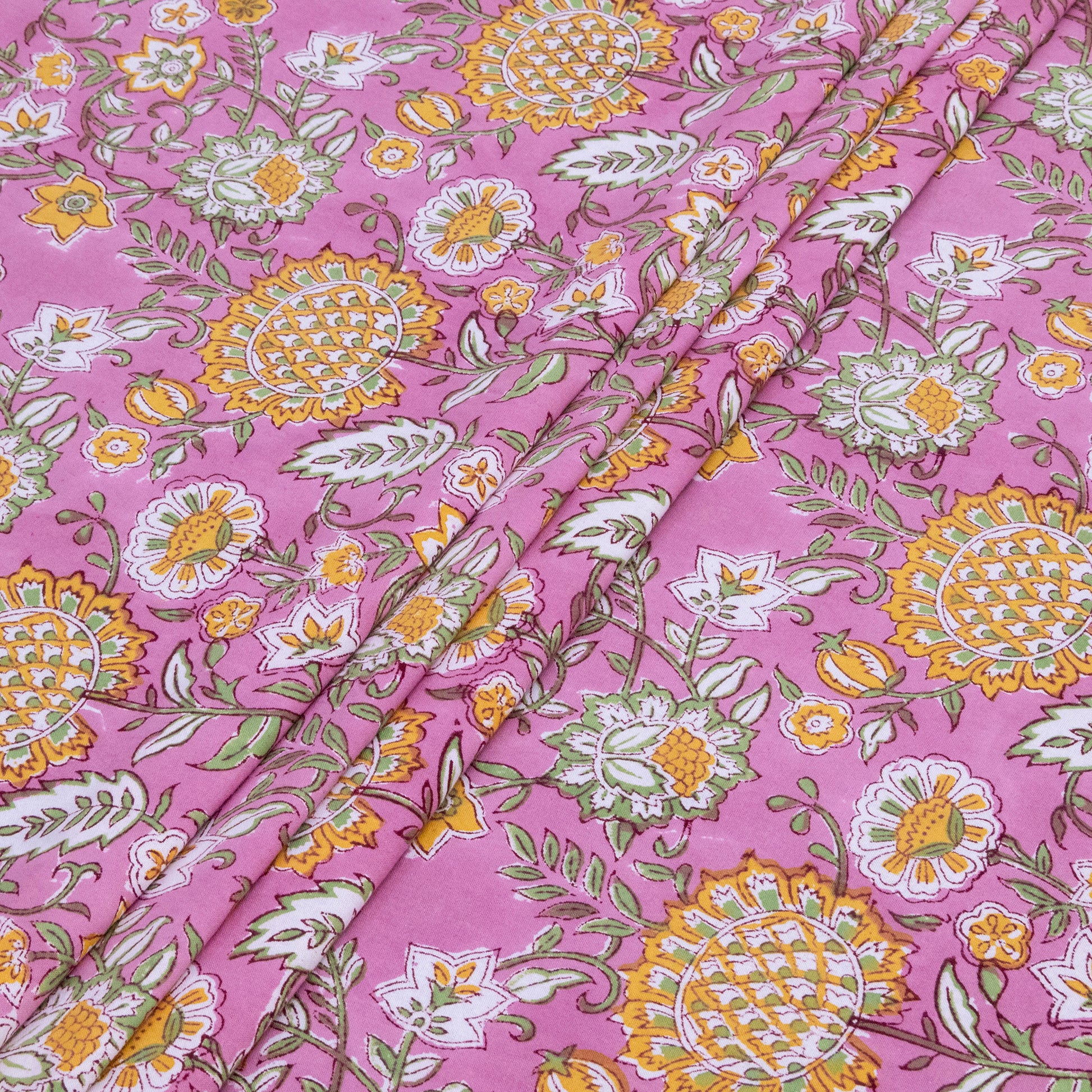 Cotton Bedsheet – Hand Block Floral Print – Pink and Yellow – King, Queen, Twin Sizes - My Store