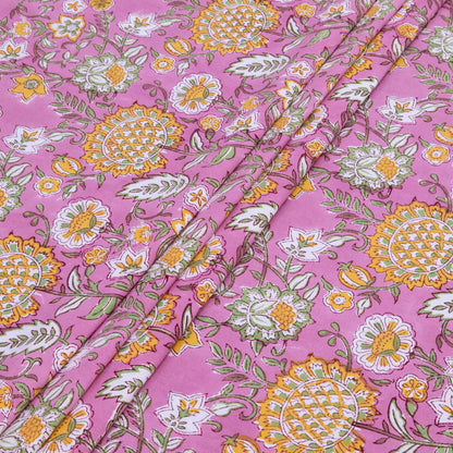 Cotton Bedsheet – Hand Block Floral Print – Pink and Yellow – King, Queen, Twin Sizes - My Store