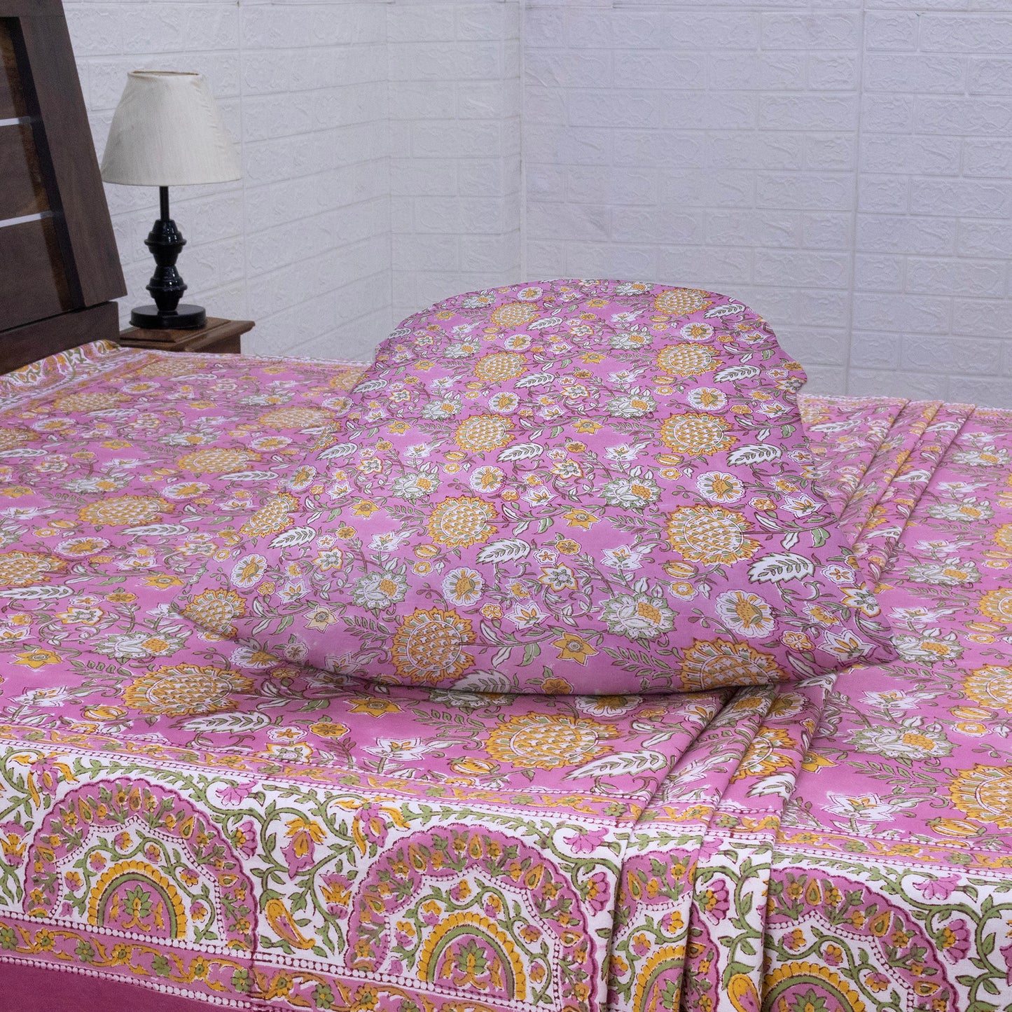 Cotton Bedsheet – Hand Block Floral Print – Pink and Yellow – King, Queen, Twin Sizes - My Store