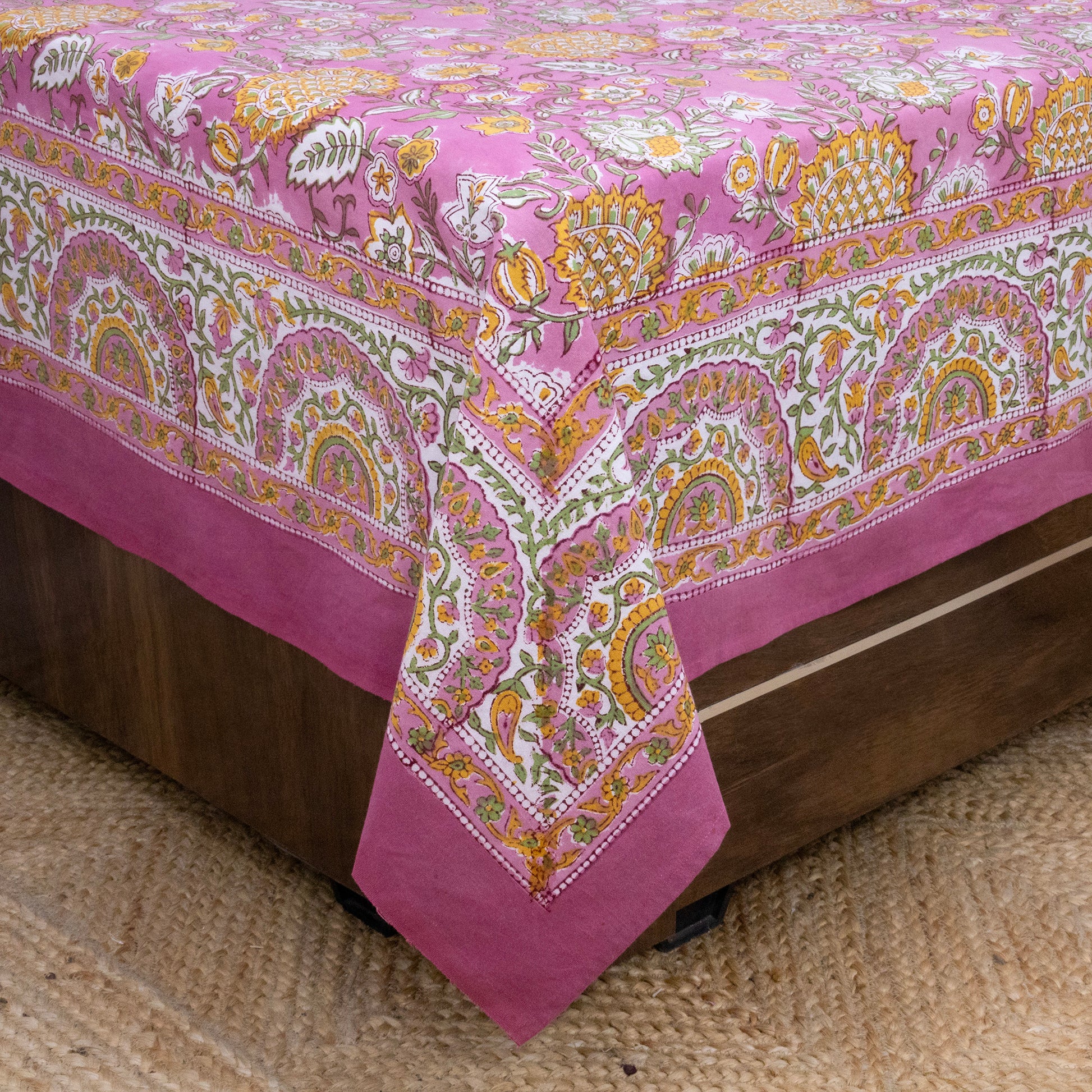 Cotton Bedsheet – Hand Block Floral Print – Pink and Yellow – King, Queen, Twin Sizes - My Store