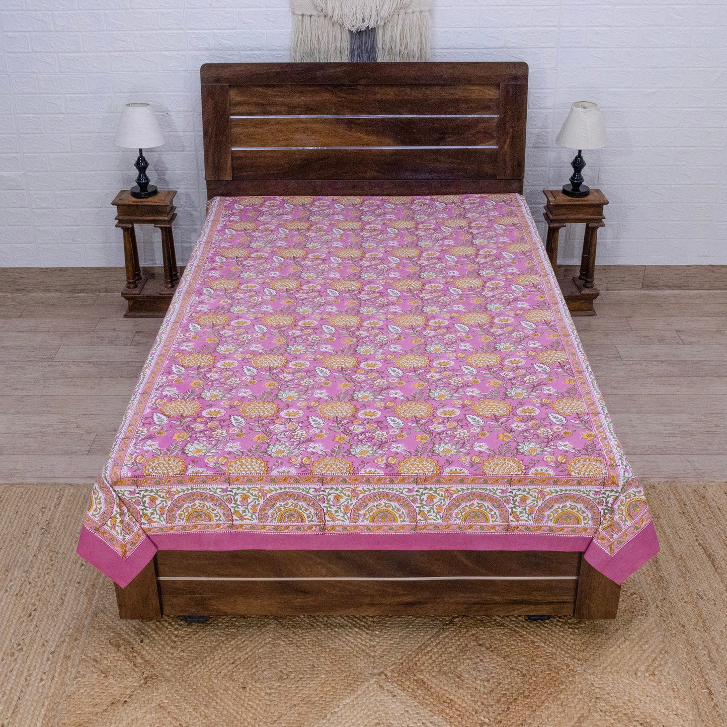 Cotton Bedsheet – Hand Block Floral Print – Pink and Yellow – King, Queen, Twin Sizes - My Store