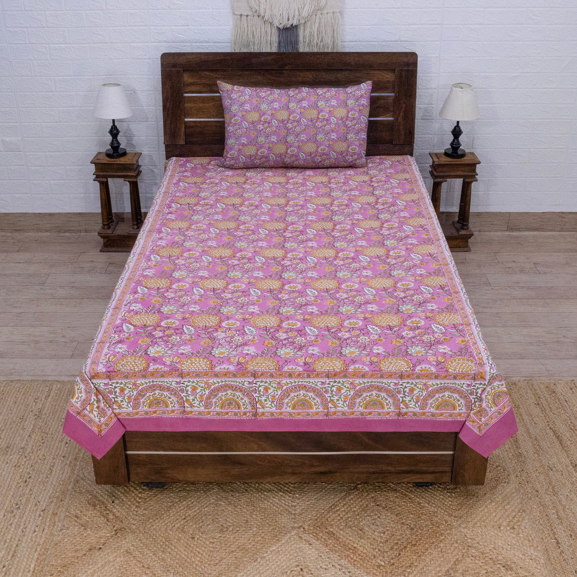 Cotton Bedsheet – Hand Block Floral Print – Pink and Yellow – King, Queen, Twin Sizes - My Store