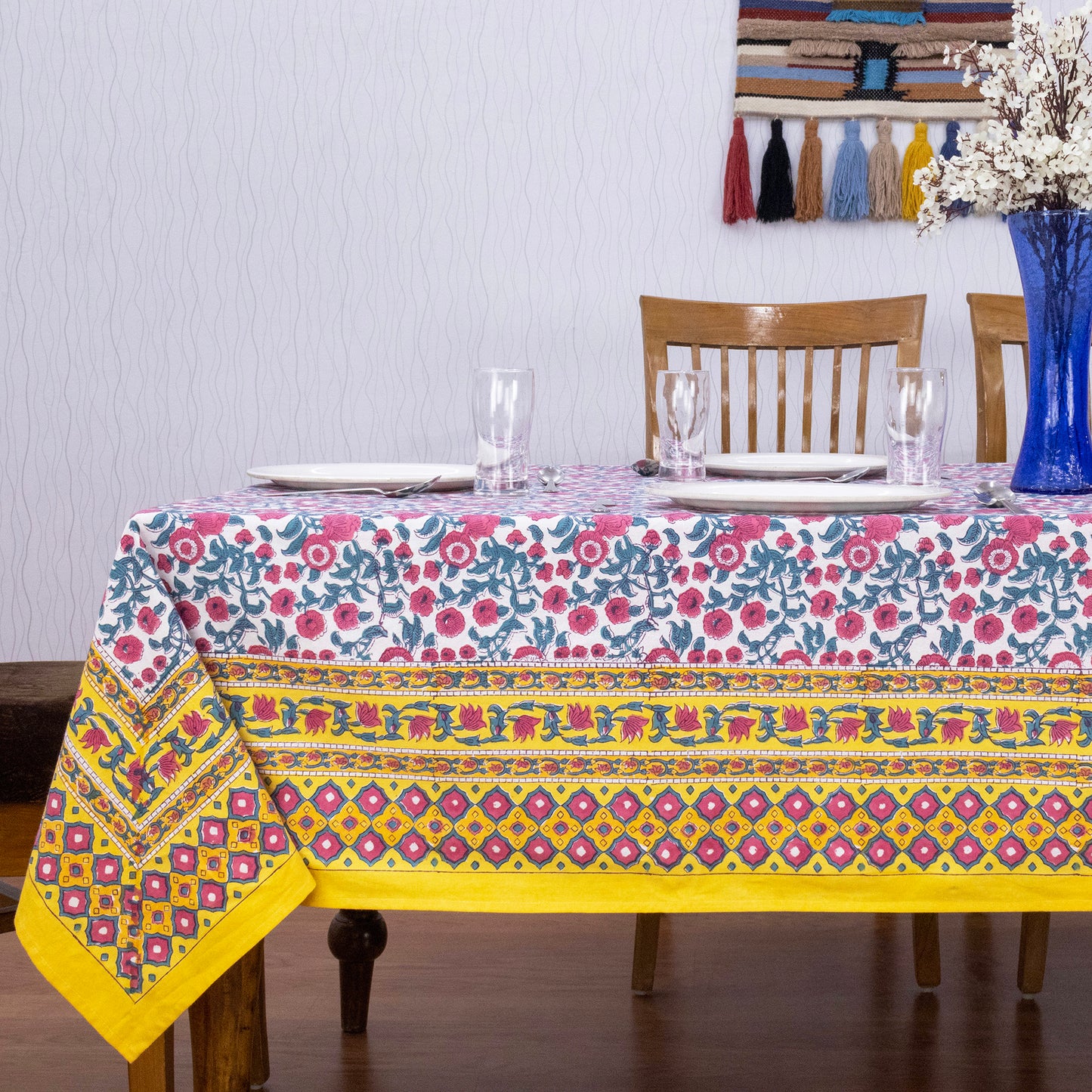 Indian Handmade Block Printed Cotton pink and yellow Rectangle Tablecloth - My Store