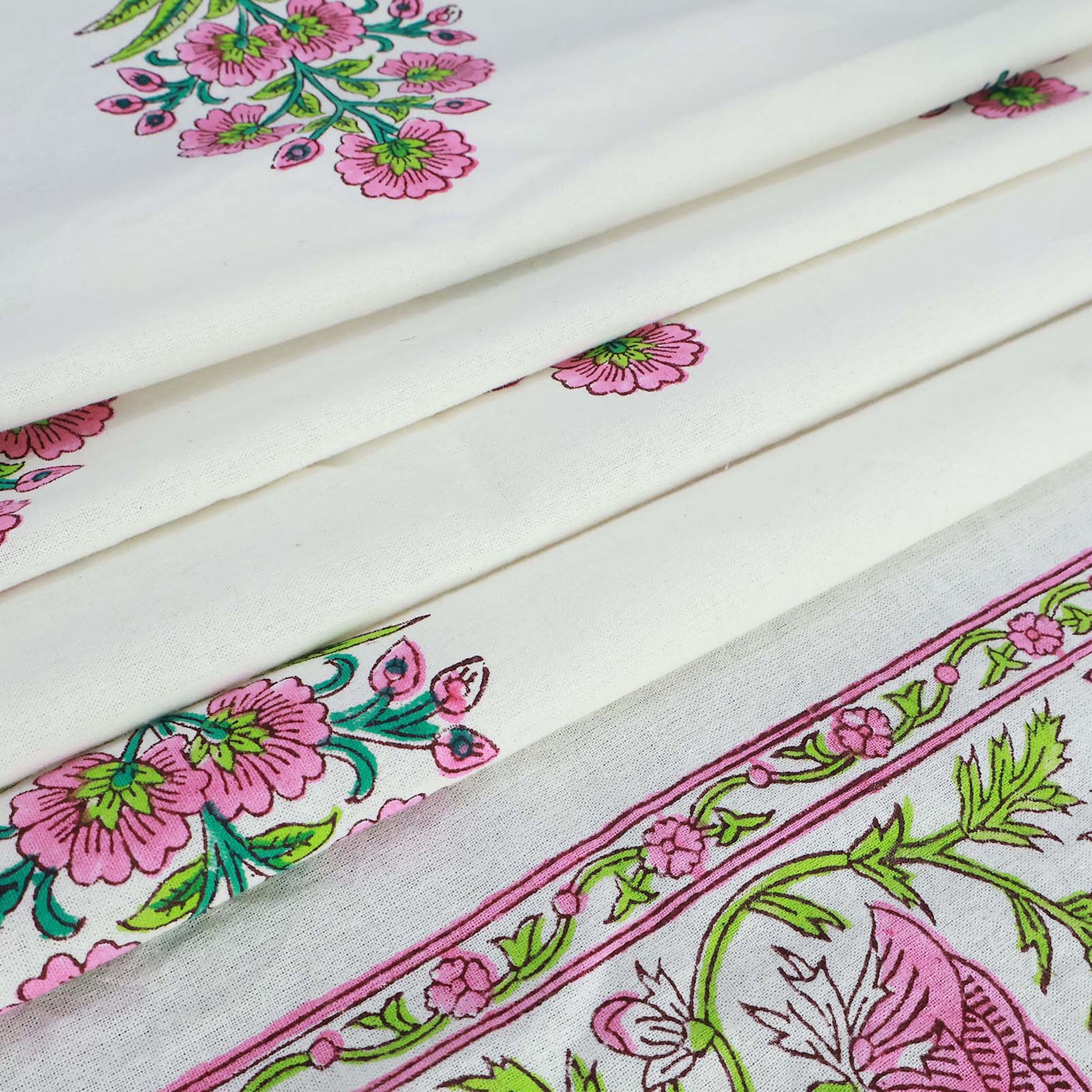 White and Pink Rectangle Floral Cotton Block Printed Tablecloth - My Store