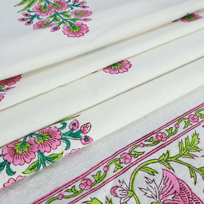 White and Pink Rectangle Floral Cotton Block Printed Tablecloth - My Store