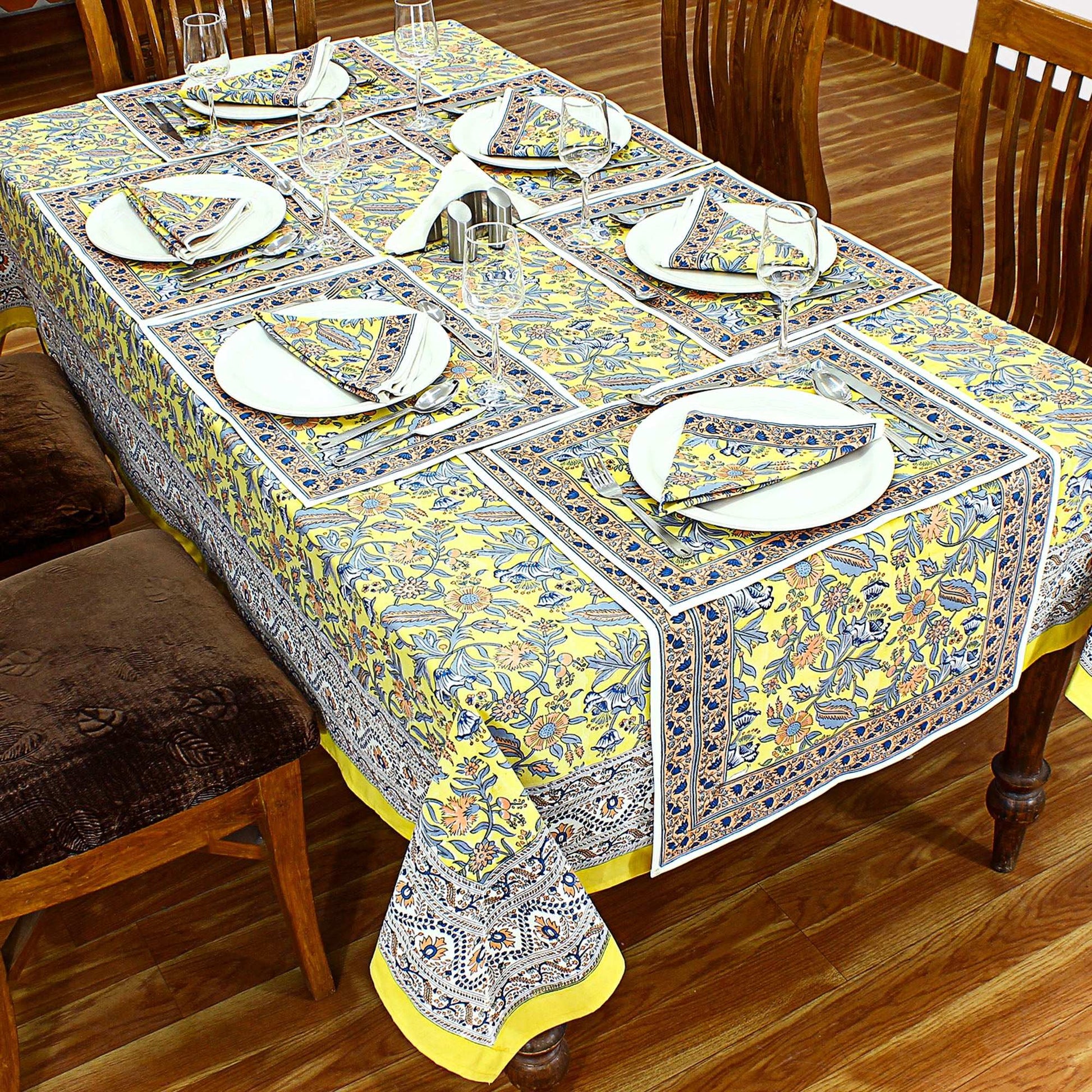 Yellow Indian Hand Block Printed Cotton Cloth Tablecloth For Dinning Decor - My Store