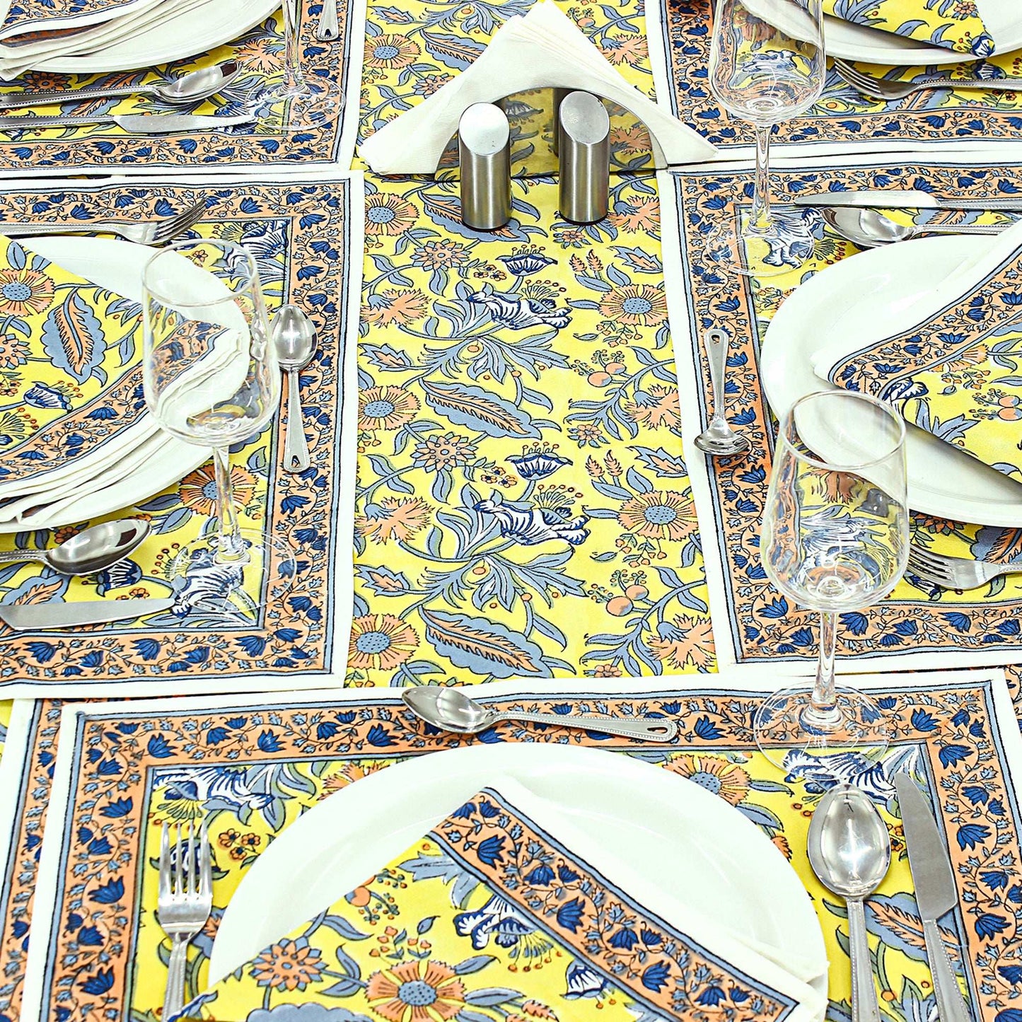 Yellow Indian Hand Block Printed Cotton Cloth Tablecloth For Dinning Decor - My Store
