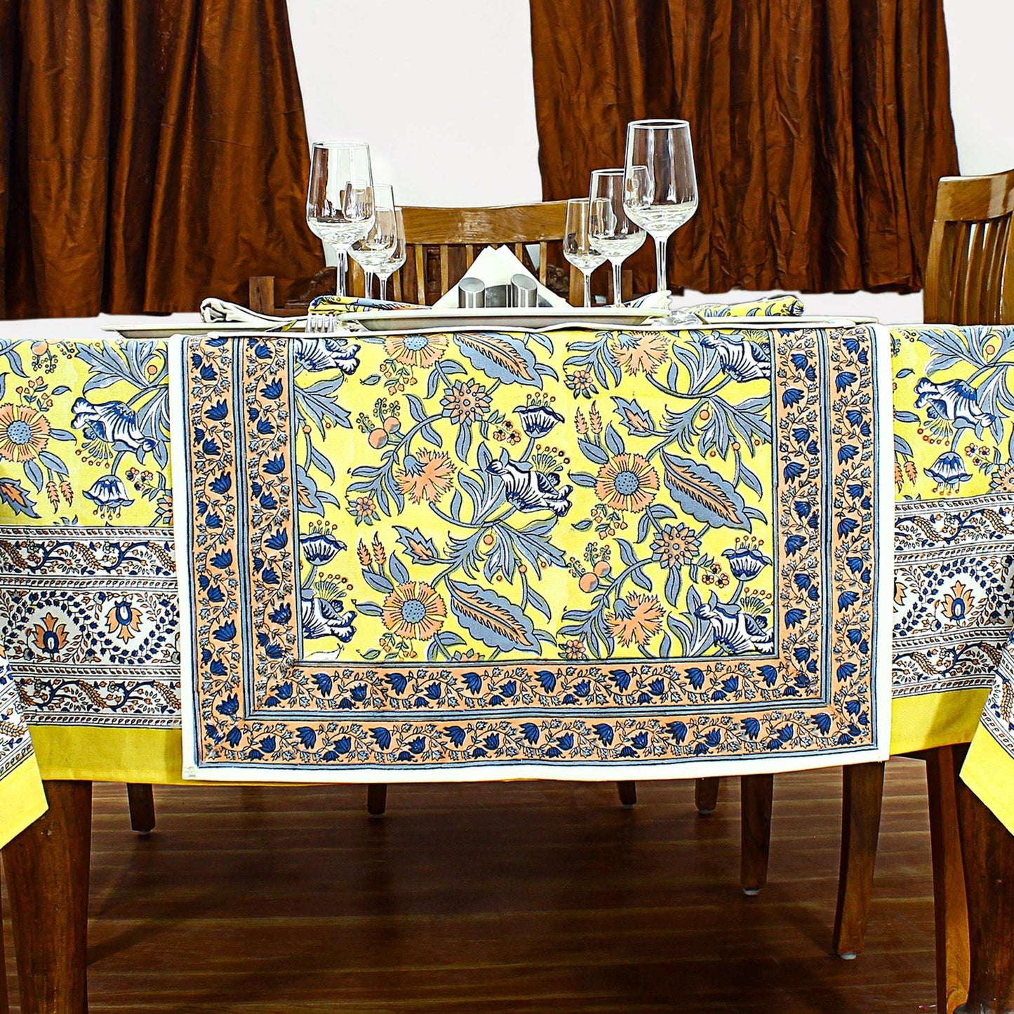 Yellow Indian Hand Block Printed Cotton Cloth Tablecloth For Dinning Decor - My Store