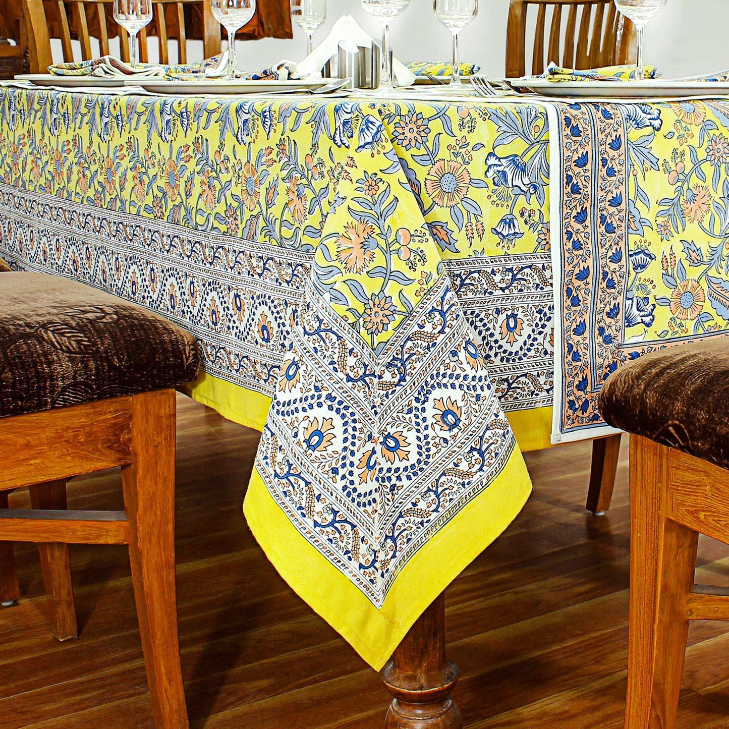 Yellow Indian Hand Block Printed Cotton Cloth Tablecloth For Dinning Decor - My Store