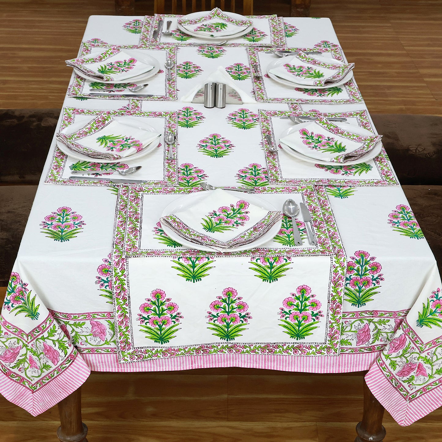 White and Pink Rectangle Floral Cotton Block Printed Tablecloth - My Store