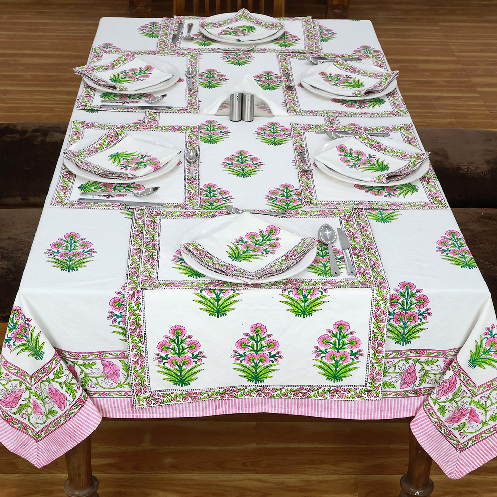 White and Pink Rectangle Floral Cotton Block Printed Tablecloth - My Store