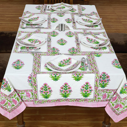 White and Pink Rectangle Floral Cotton Block Printed Tablecloth - My Store