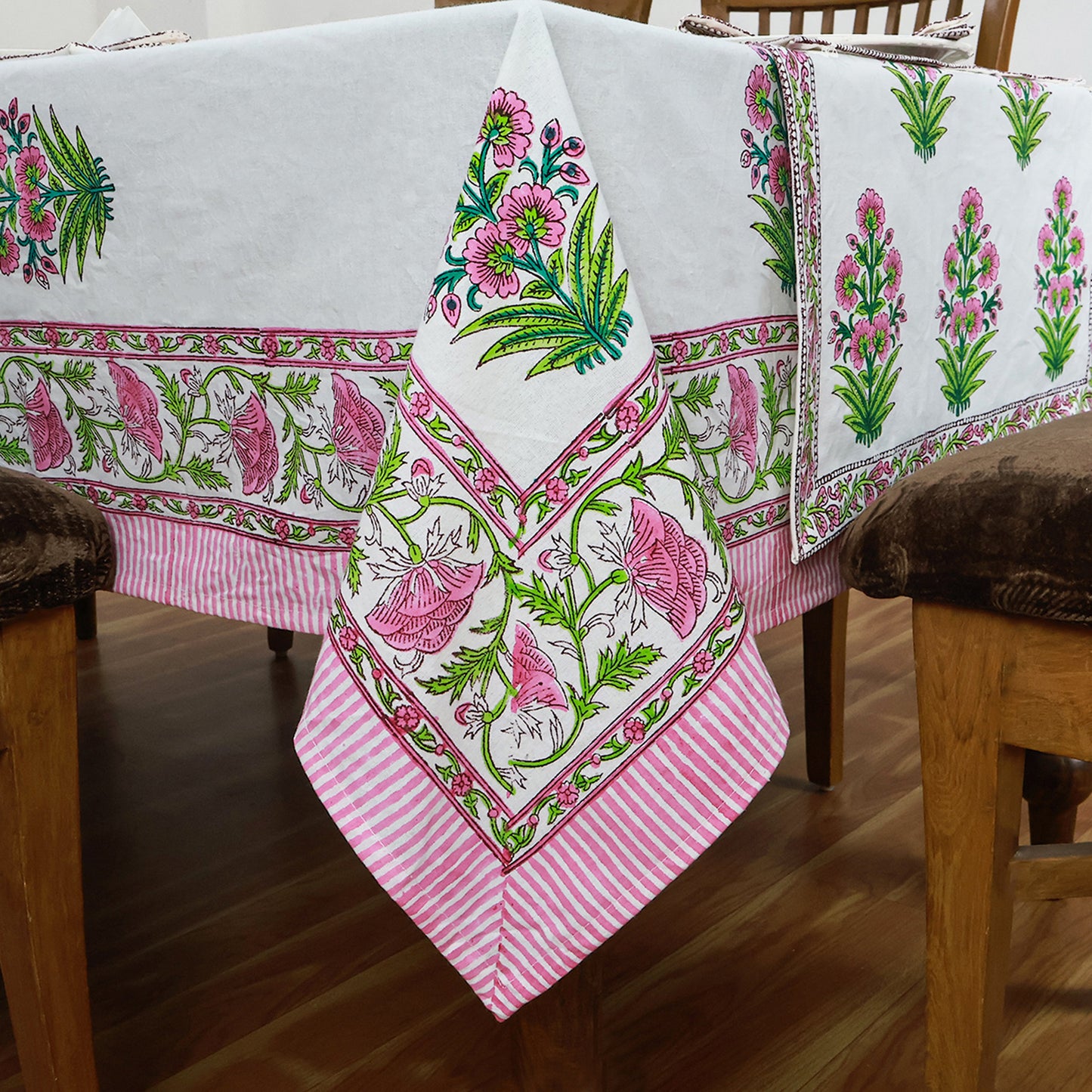 White and Pink Rectangle Floral Cotton Block Printed Tablecloth - My Store