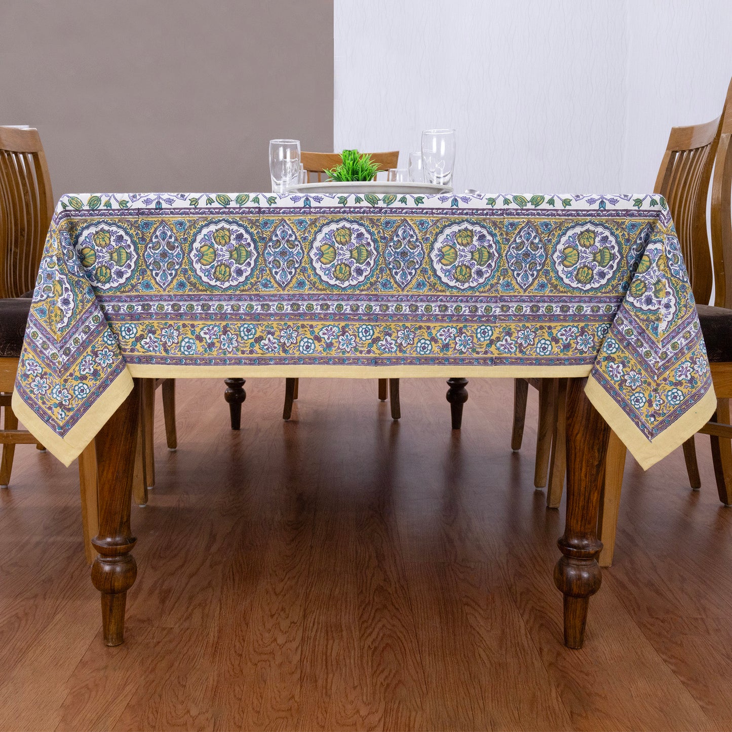 Indian Handmade Block Printed Cotton Purple and Yellow Rectangle Tablecloth - My Store