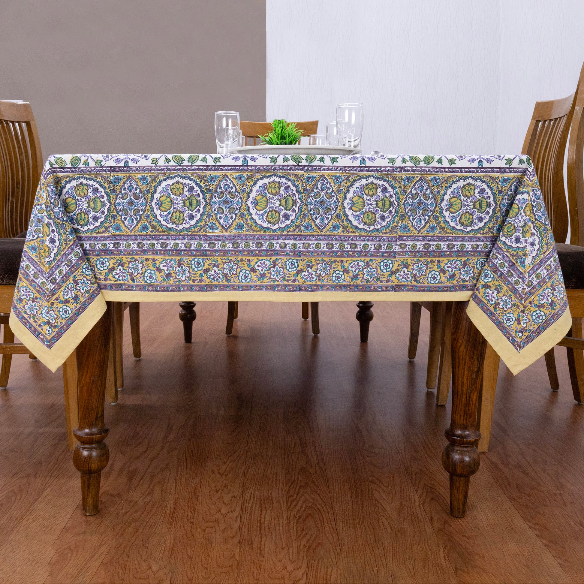 Indian Handmade Block Printed Cotton Purple and Yellow Rectangle Tablecloth - My Store