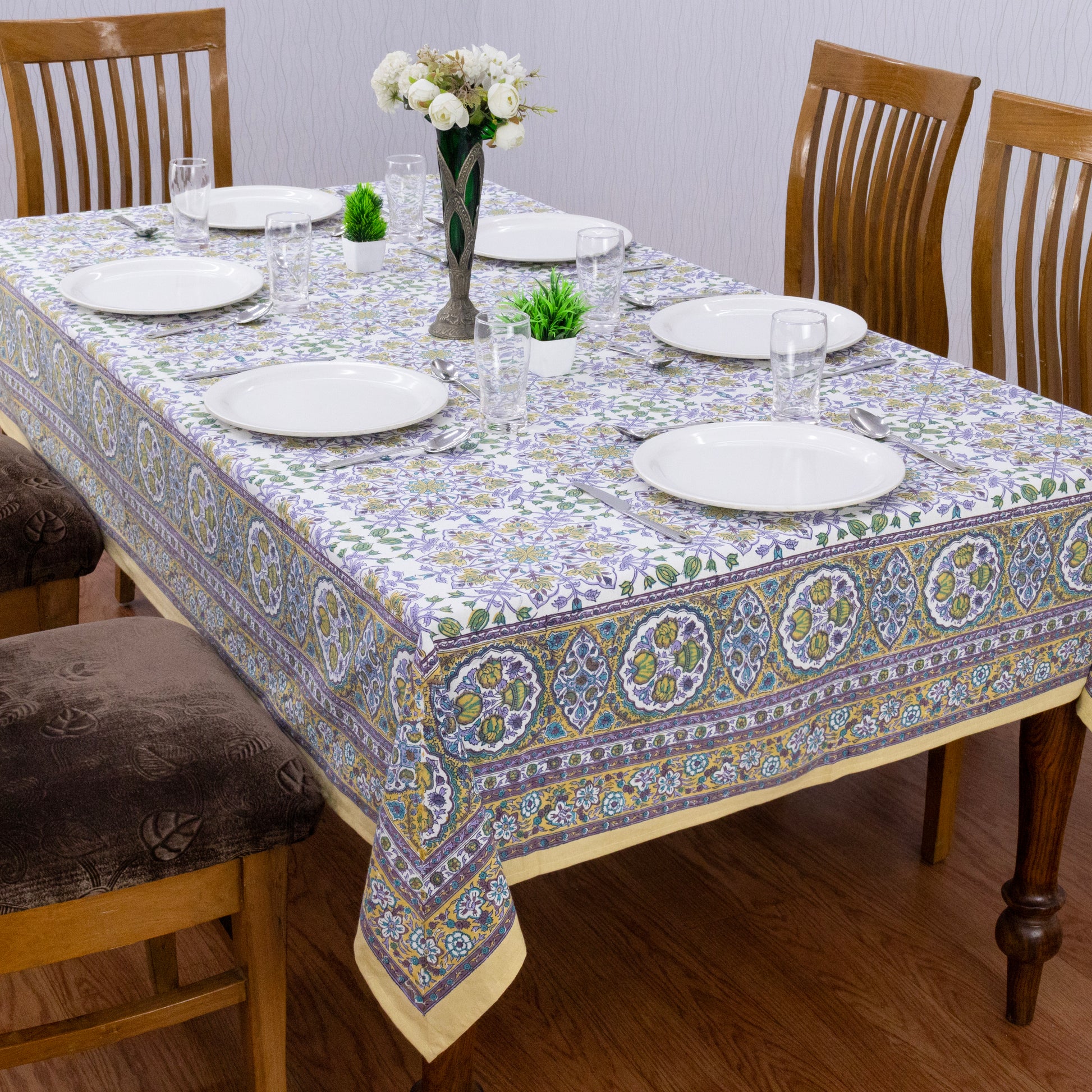 Indian Handmade Block Printed Cotton Purple and Yellow Rectangle Tablecloth - My Store