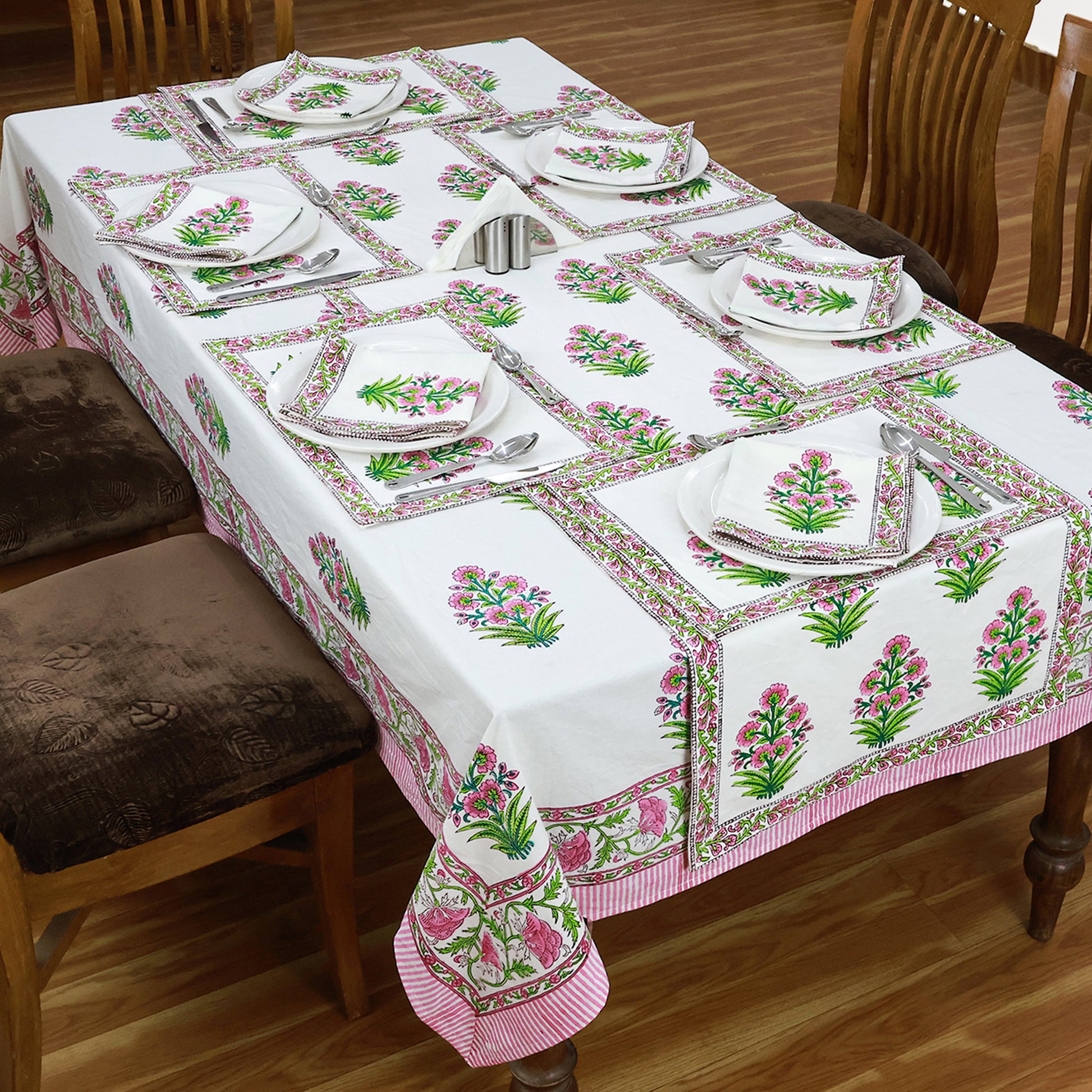 White and Pink Rectangle Floral Cotton Block Printed Tablecloth - My Store