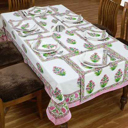 White and Pink Rectangle Floral Cotton Block Printed Tablecloth - My Store