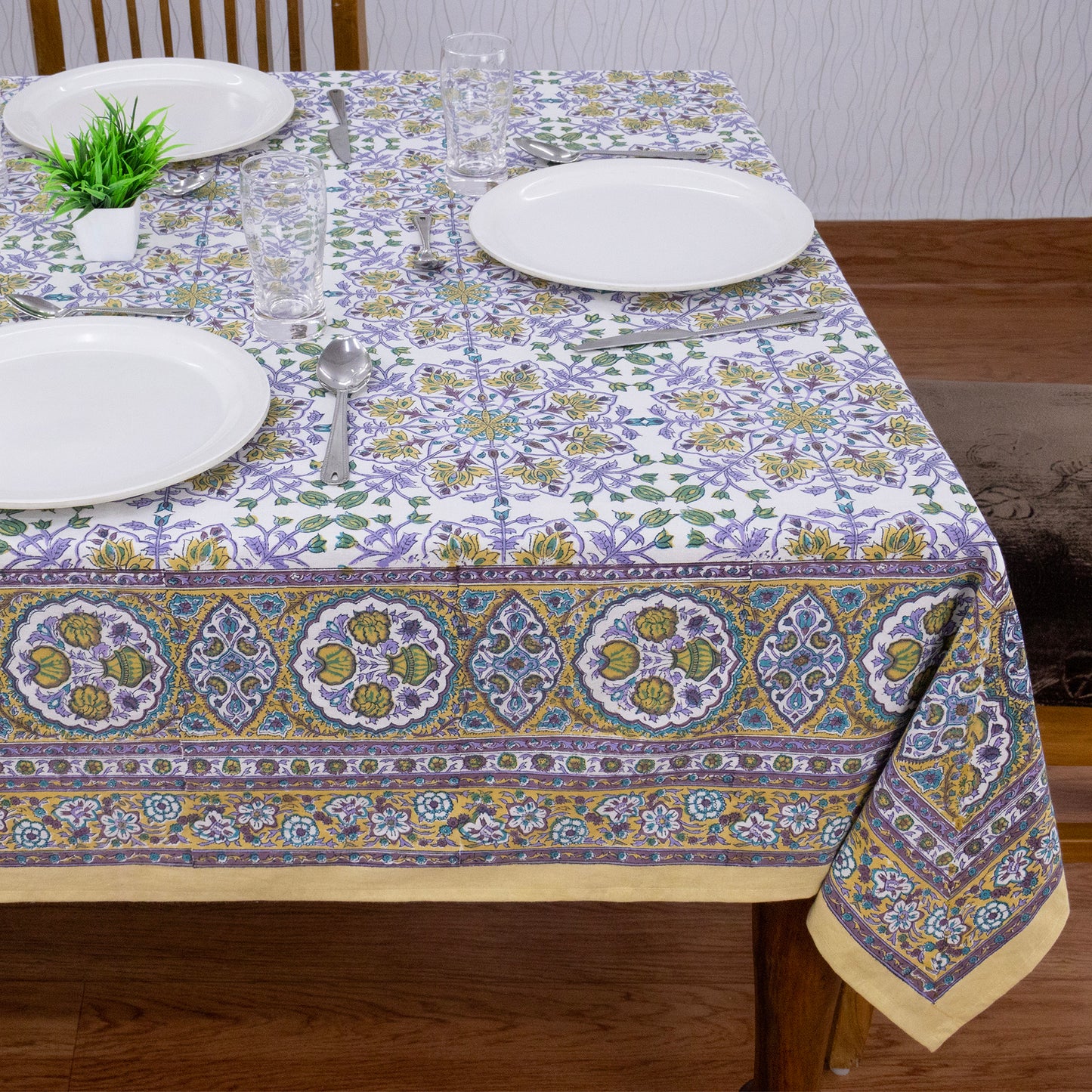 Indian Handmade Block Printed Cotton Purple and Yellow Rectangle Tablecloth - My Store