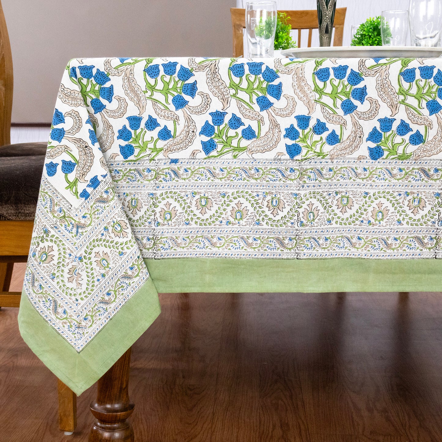 Indian Handmade Block Printed Cotton Blue and Green Rectangle Tablecloth - My Store