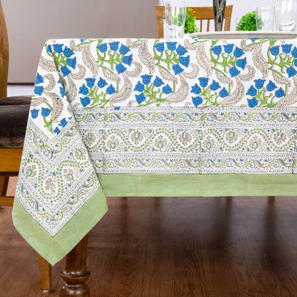 Indian Handmade Block Printed Cotton Blue and Green Rectangle Tablecloth - My Store