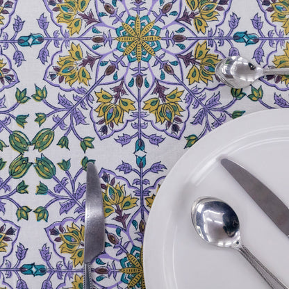 Indian Handmade Block Printed Cotton Purple and Yellow Rectangle Tablecloth - My Store