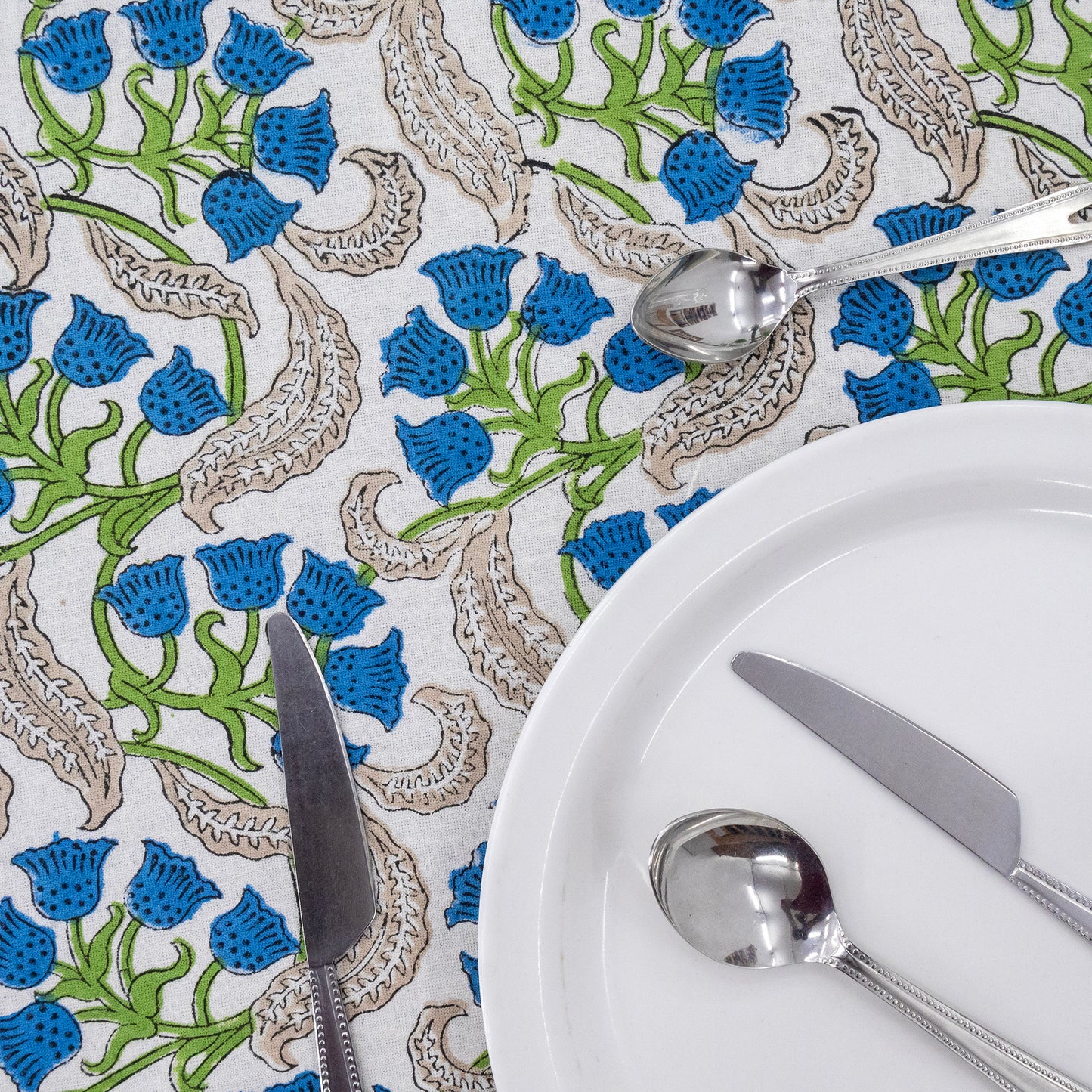 Indian Handmade Block Printed Cotton Blue and Green Rectangle Tablecloth - My Store