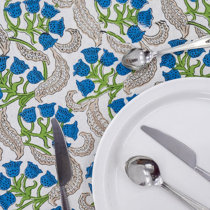 Indian Handmade Block Printed Cotton Blue and Green Rectangle Tablecloth - My Store