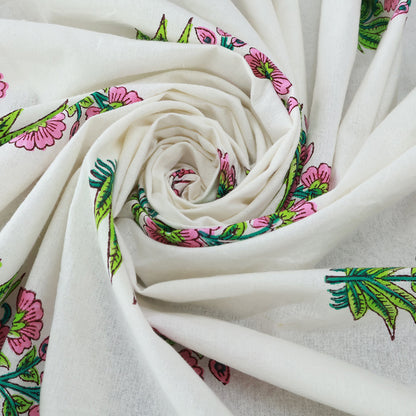 White and Pink Rectangle Floral Cotton Block Printed Tablecloth - My Store