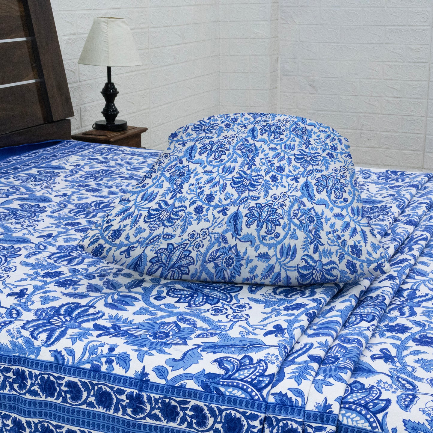 Indian Handmade Block Printed Blue and White Floral Pattern Cotton Bed sheet For living Room, Kids Room - My Store