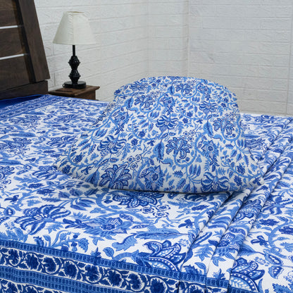 Indian Handmade Block Printed Blue and White Floral Pattern Cotton Bed sheet For living Room, Kids Room - My Store