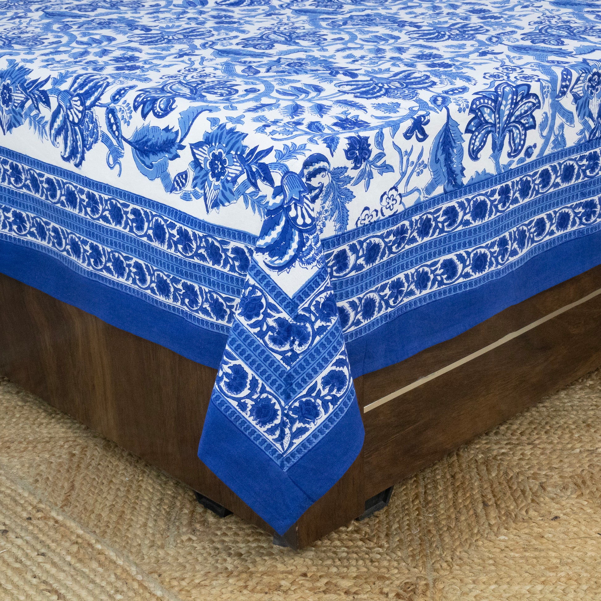 Indian Handmade Block Printed Blue and White Floral Pattern Cotton Bed sheet For living Room, Kids Room - My Store