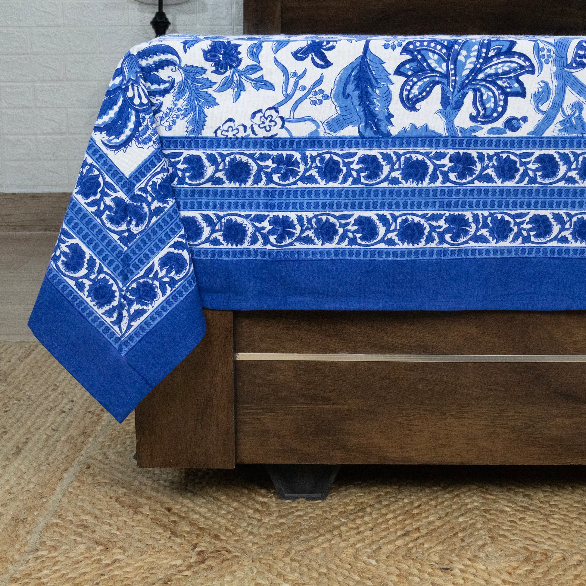 Indian Handmade Block Printed Blue and White Floral Pattern Cotton Bed sheet For living Room, Kids Room - My Store