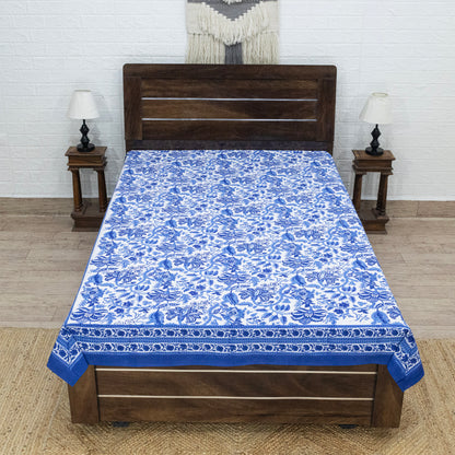 Indian Handmade Block Printed Blue and White Floral Pattern Cotton Bed sheet For living Room, Kids Room - My Store