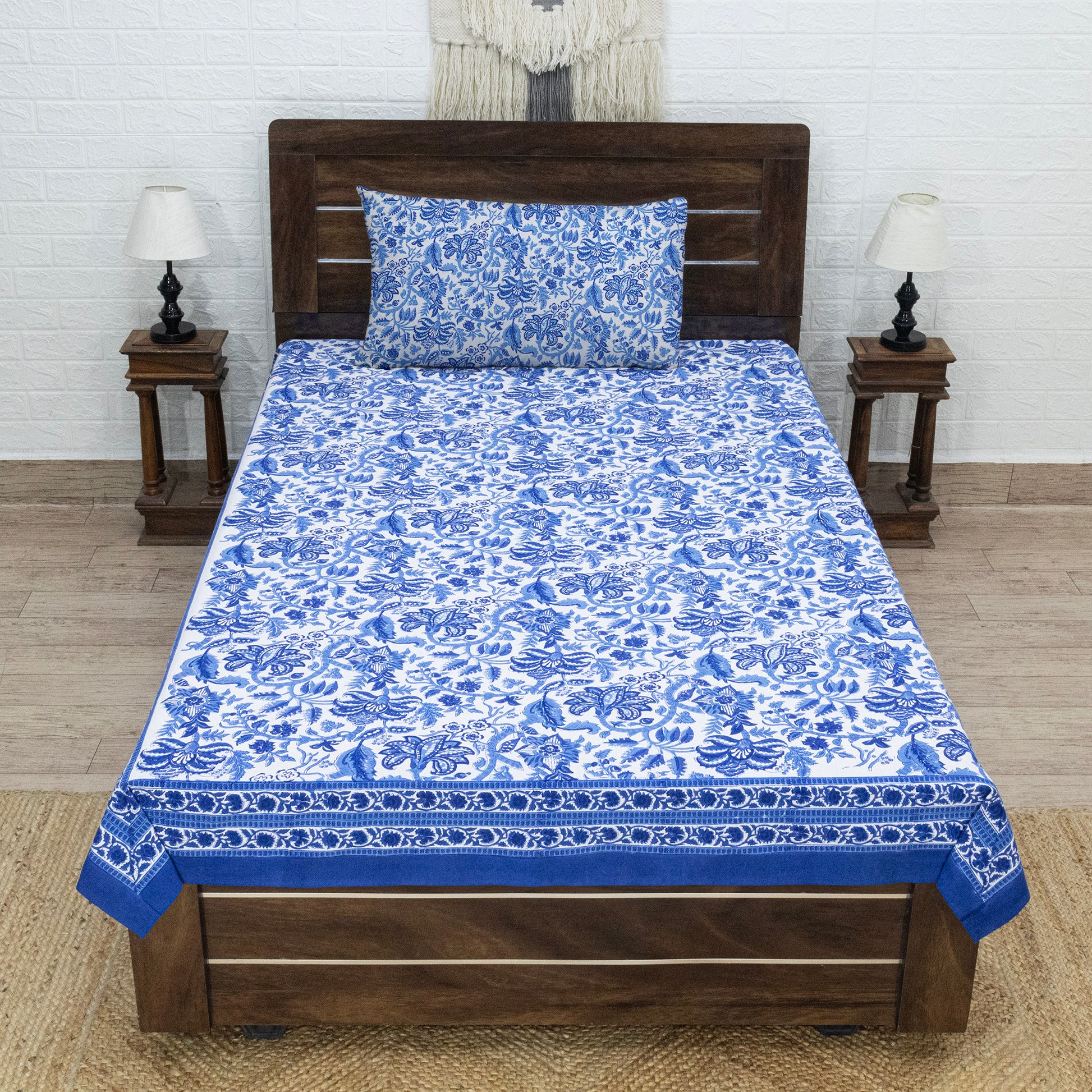 Indian Handmade Block Printed Blue and White Floral Pattern Cotton Bed sheet For living Room, Kids Room - My Store