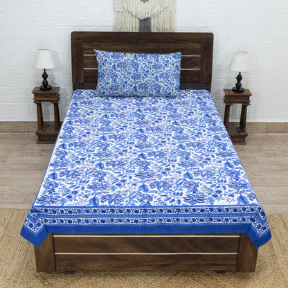 Indian Handmade Block Printed Blue and White Floral Pattern Cotton Bed sheet For living Room, Kids Room - My Store