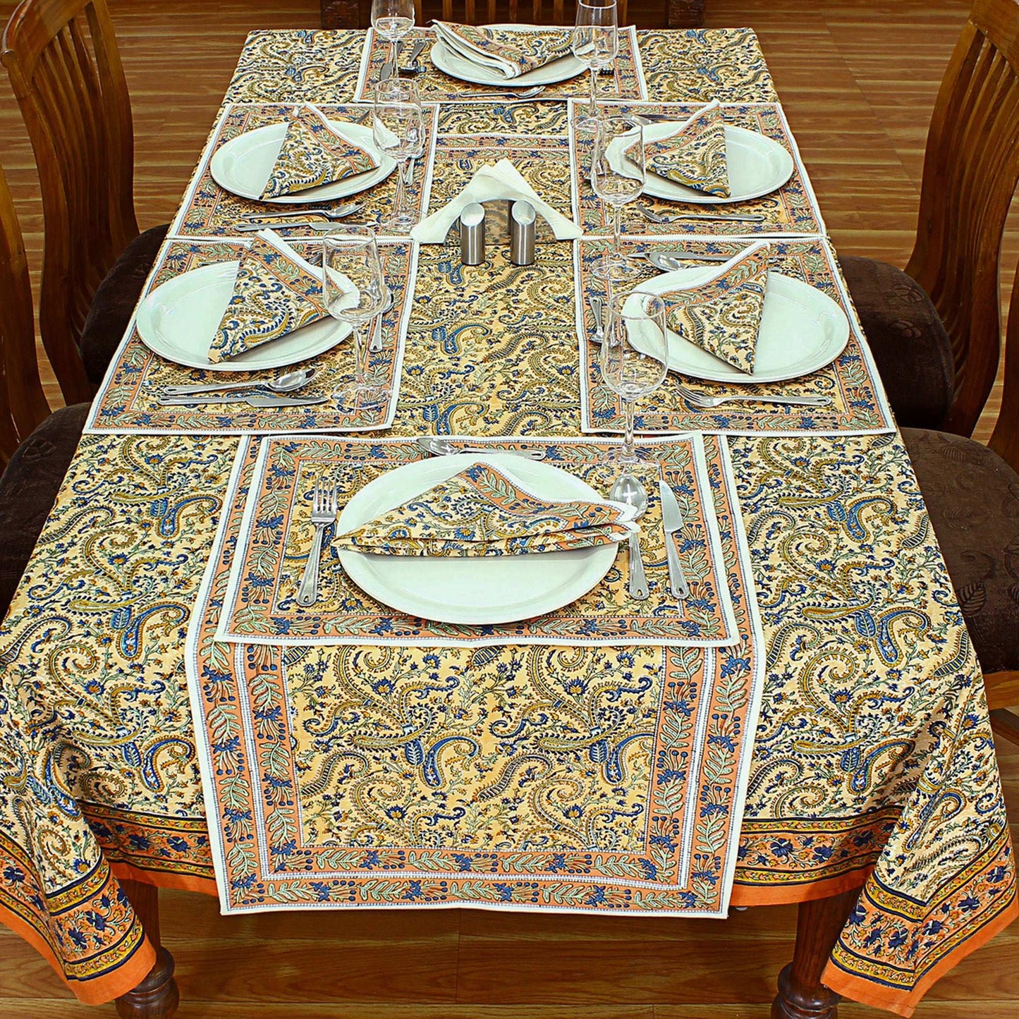 Floral Orange and Blue Indian Block Print tablecloth - My Store