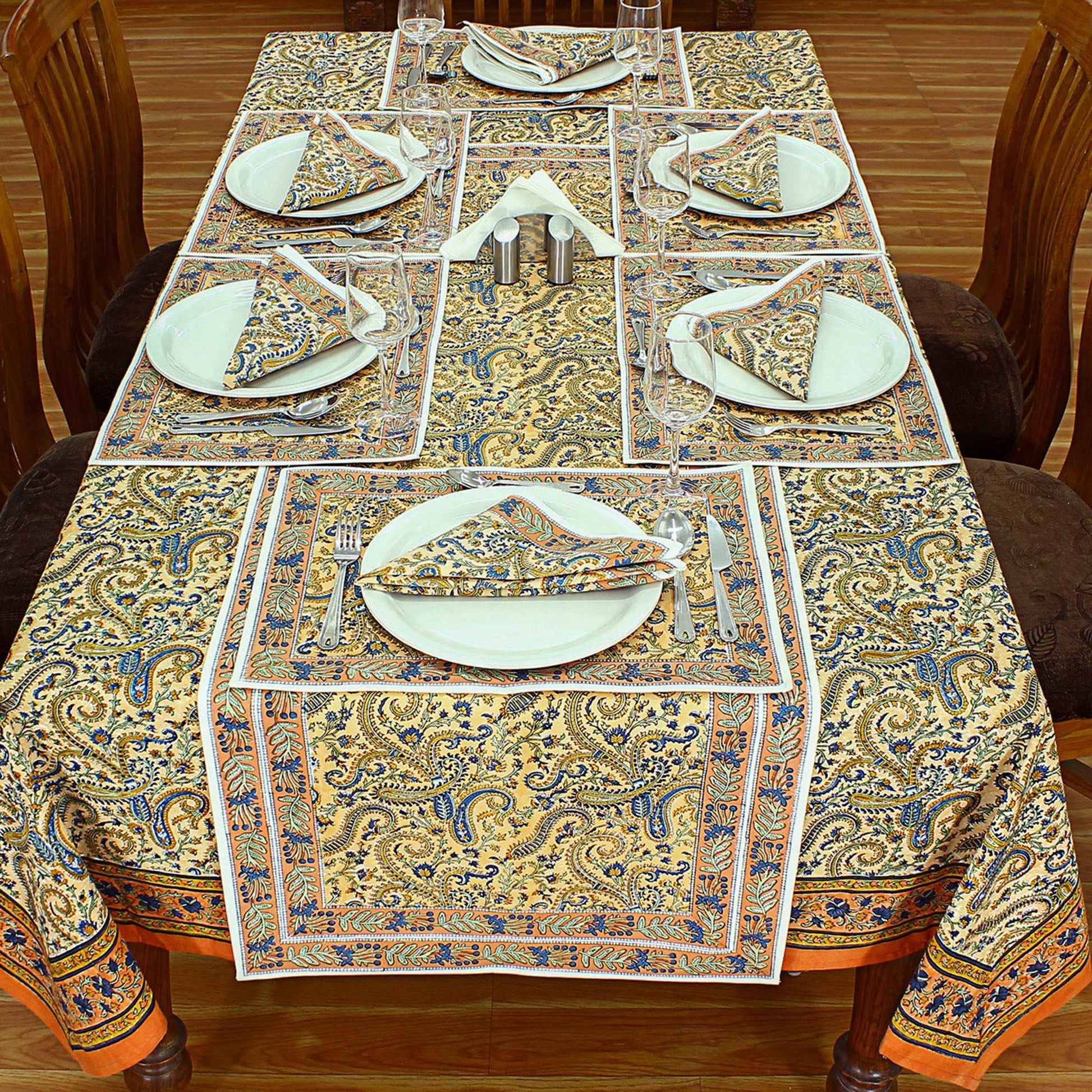 Floral Orange and Blue Indian Block Print tablecloth - My Store