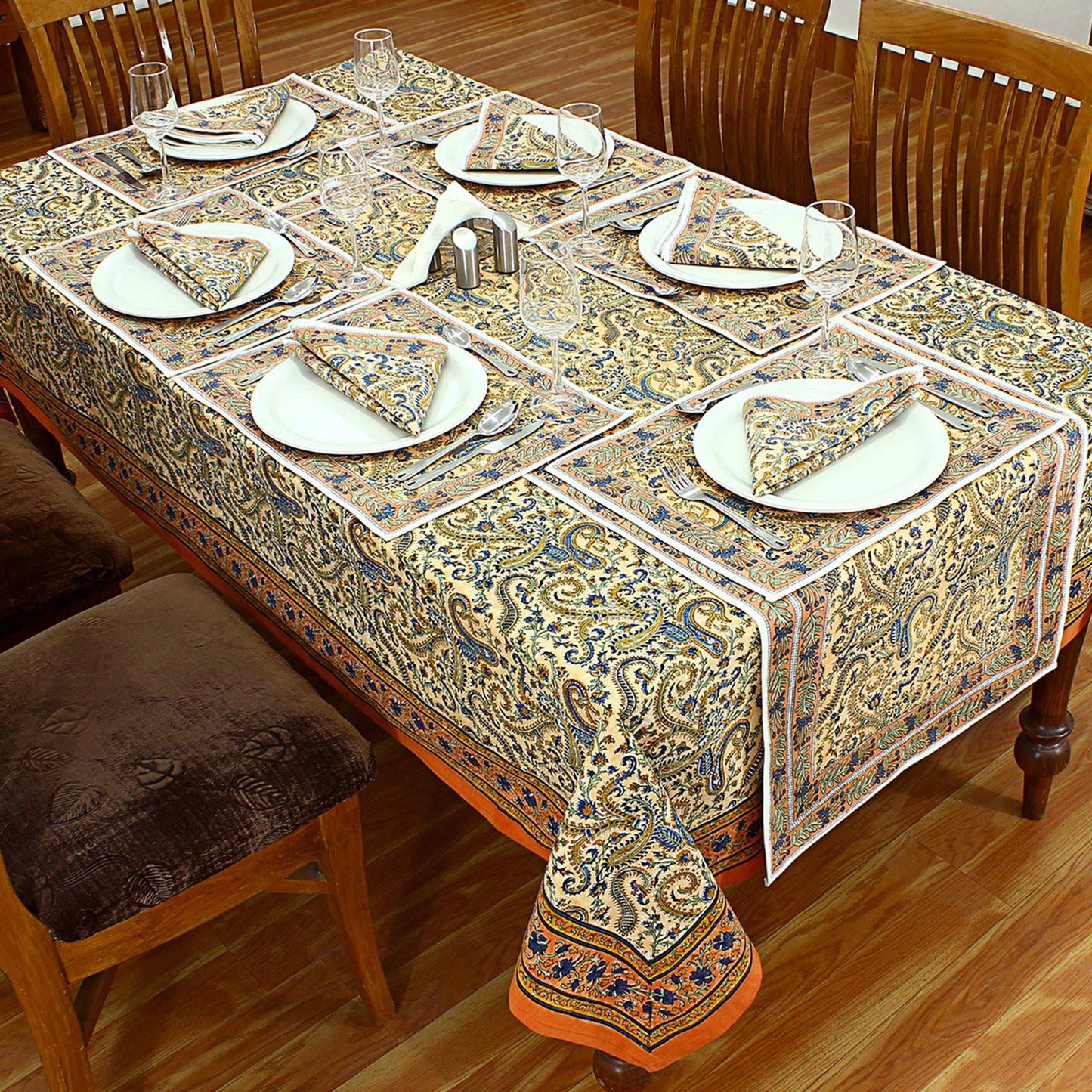 Floral Orange and Blue Indian Block Print tablecloth - My Store
