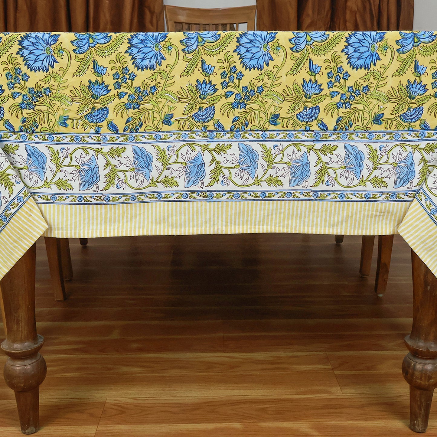 Block Printed Indian Cotton Yellow and Blue Floral Table Cover Rectangle Dinning Decor Tablecloth - My Store