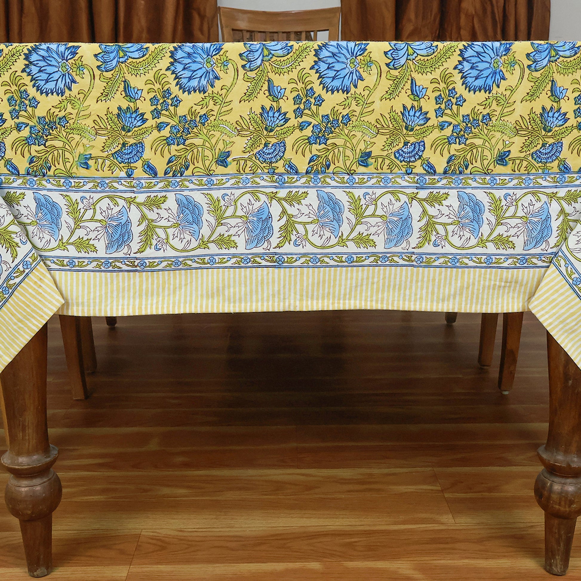 Block Printed Indian Cotton Yellow and Blue Floral Table Cover Rectangle Dinning Decor Tablecloth - My Store