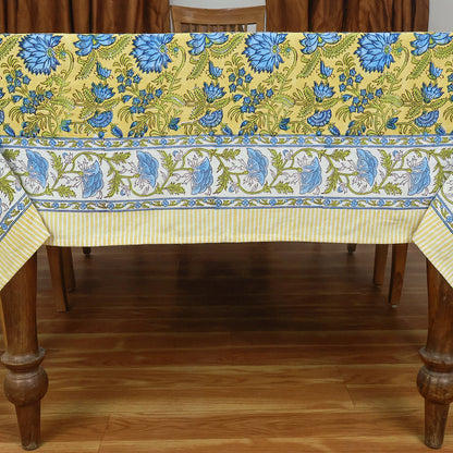 Block Printed Indian Cotton Yellow and Blue Floral Table Cover Rectangle Dinning Decor Tablecloth - My Store
