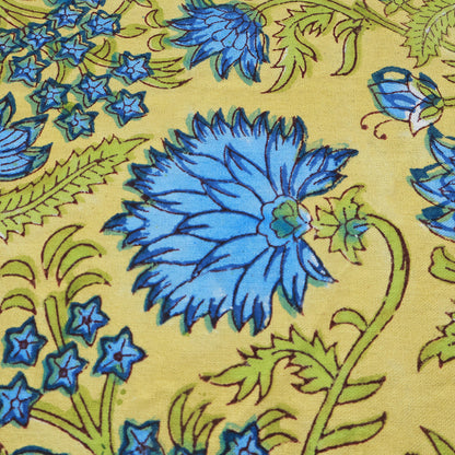 Block Printed Indian Cotton Yellow and Blue Floral Table Cover Rectangle Dinning Decor Tablecloth - My Store