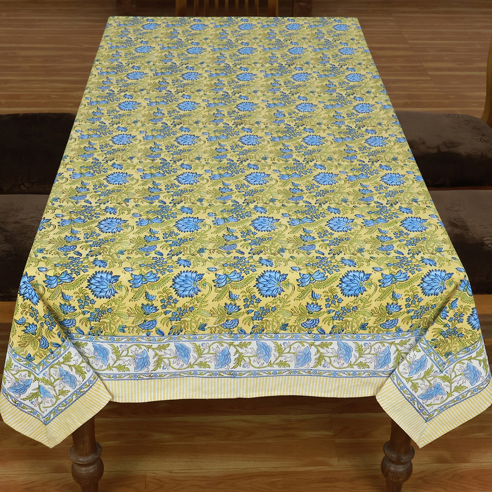 Block Printed Indian Cotton Yellow and Blue Floral Table Cover Rectangle Dinning Decor Tablecloth - My Store