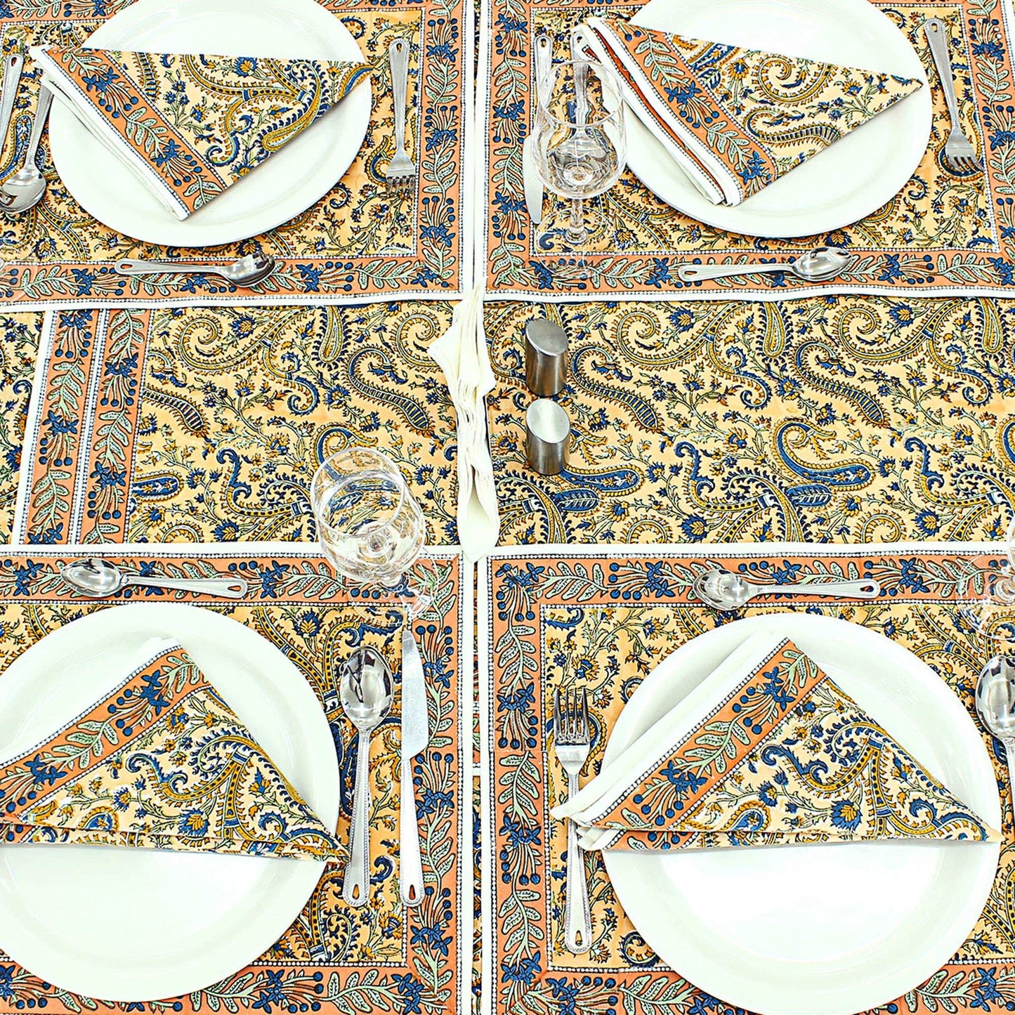 Floral Orange and Blue Indian Block Print tablecloth - My Store