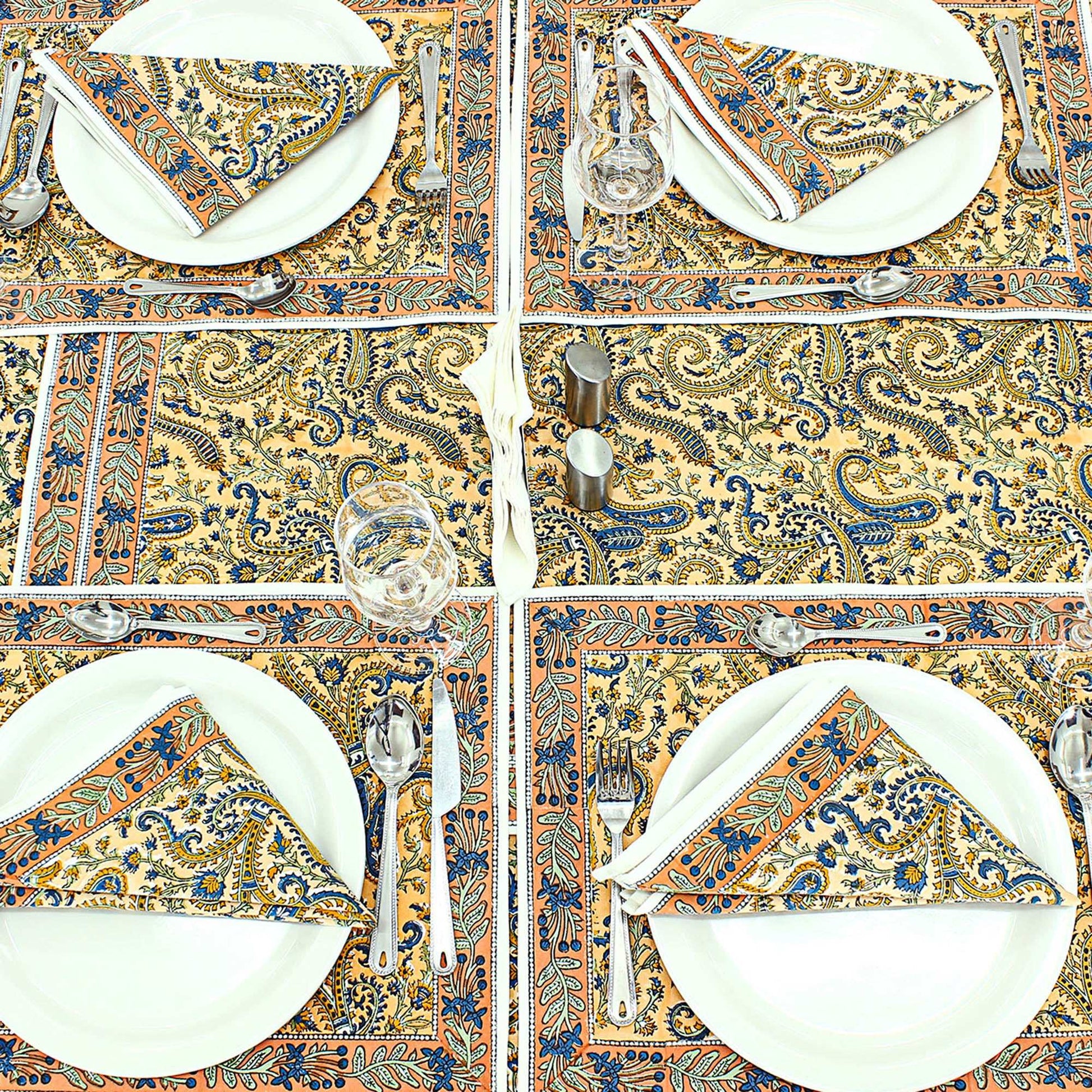 Floral Orange and Blue Indian Block Print tablecloth - My Store