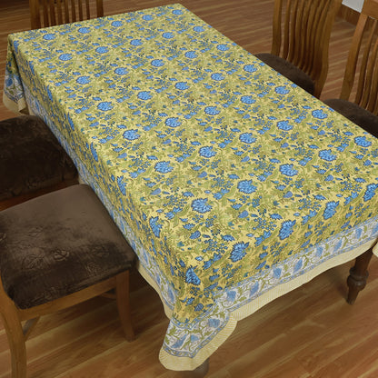 Block Printed Indian Cotton Yellow and Blue Floral Table Cover Rectangle Dinning Decor Tablecloth - My Store