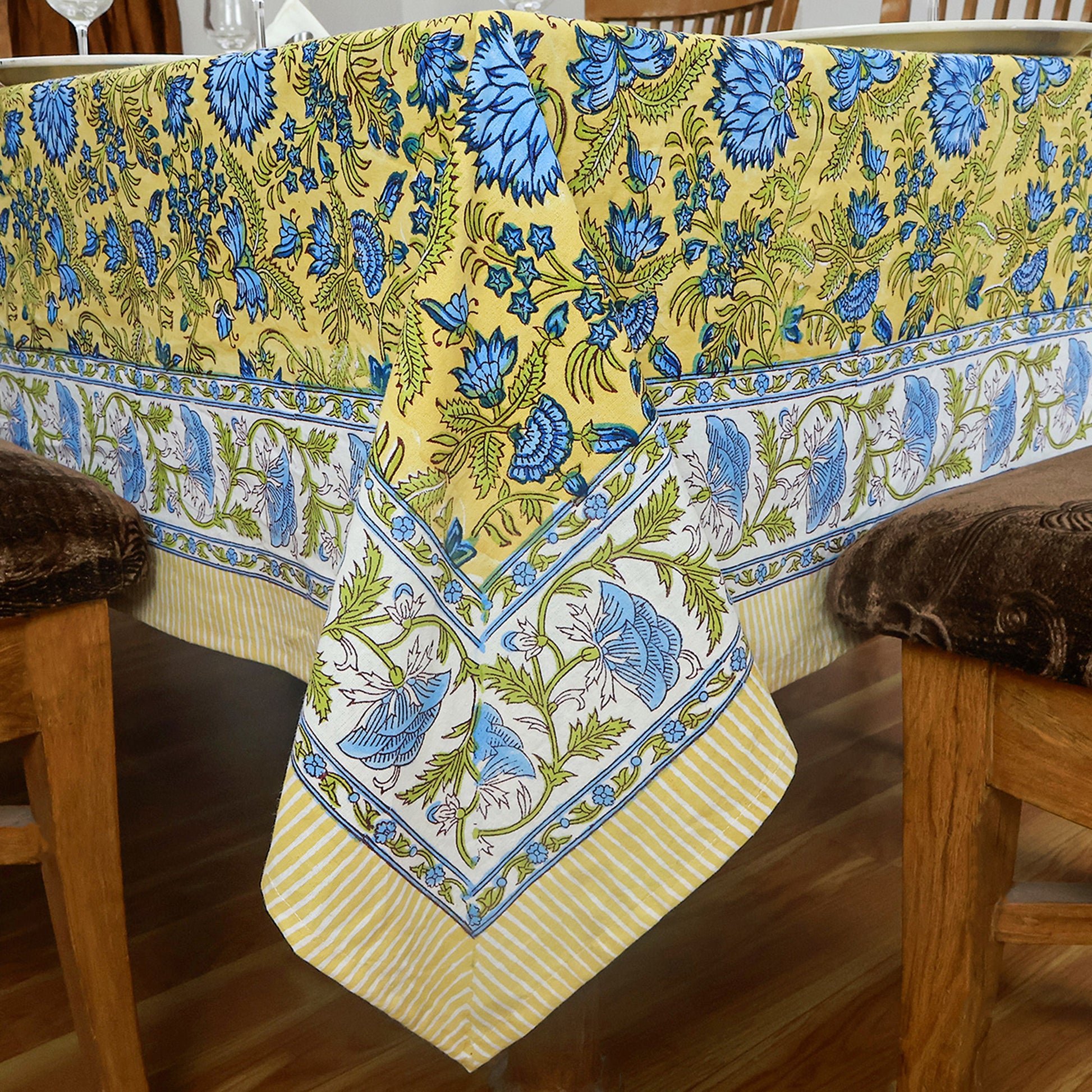 Block Printed Indian Cotton Yellow and Blue Floral Table Cover Rectangle Dinning Decor Tablecloth - My Store