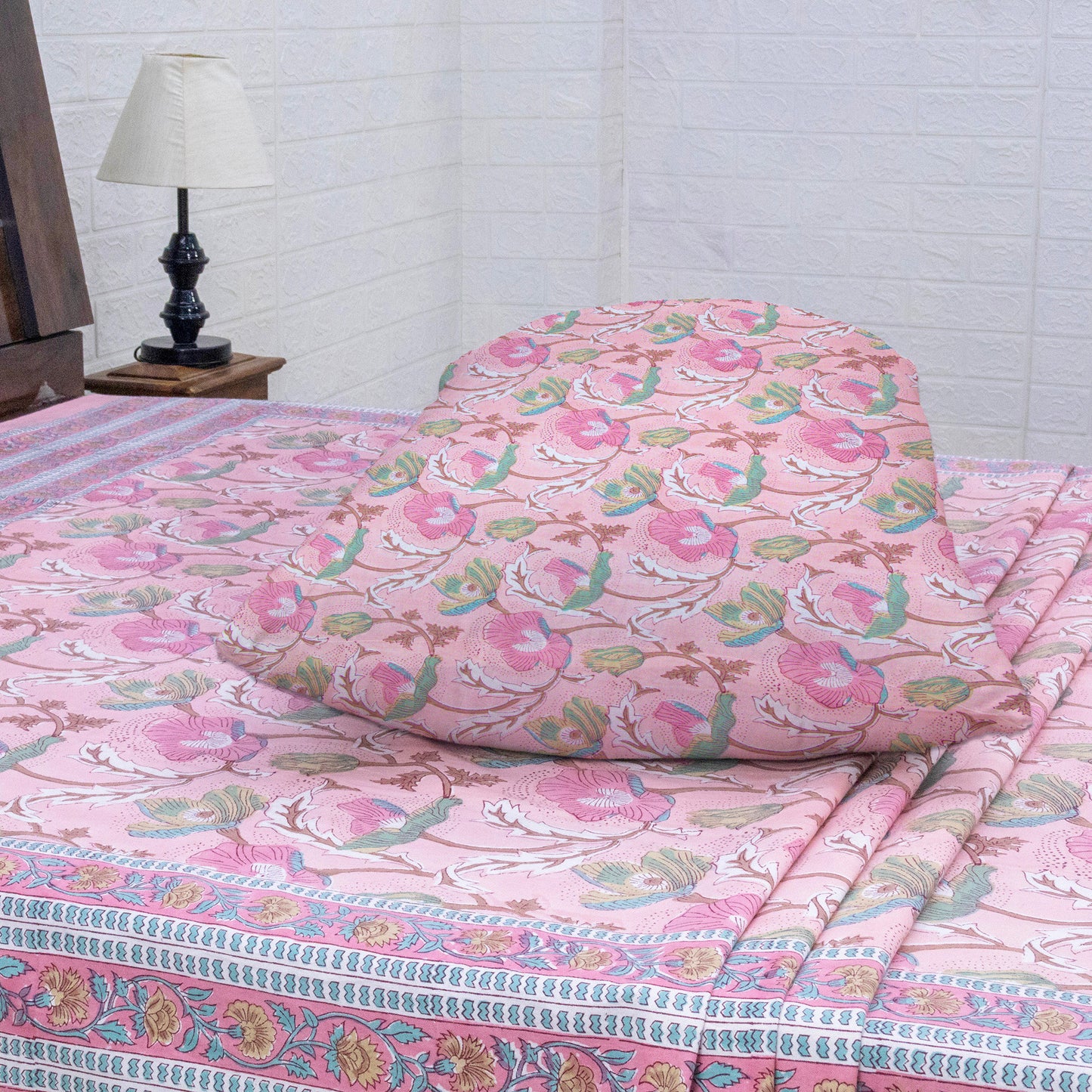 Indian Handmade Block Printed Pink and Blue Floral Pattern Cotton Bed sheet For living Room, Kids Room - My Store